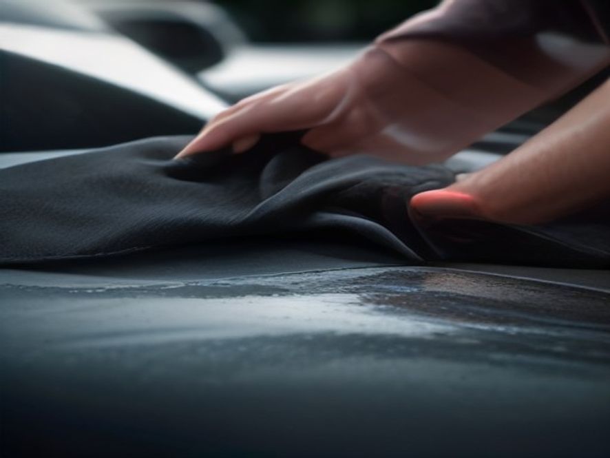 Hands drying a black car roof with a microfiber towel
